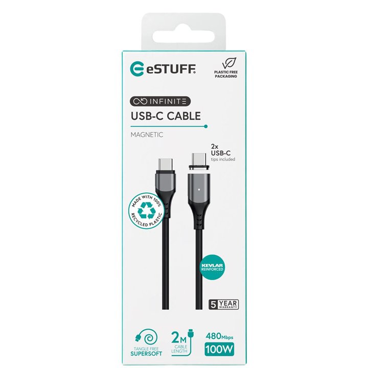eSTUFF INFINITE Super Soft Magnetic USB-C Cable | USB 2.0 | 2m | PD100W