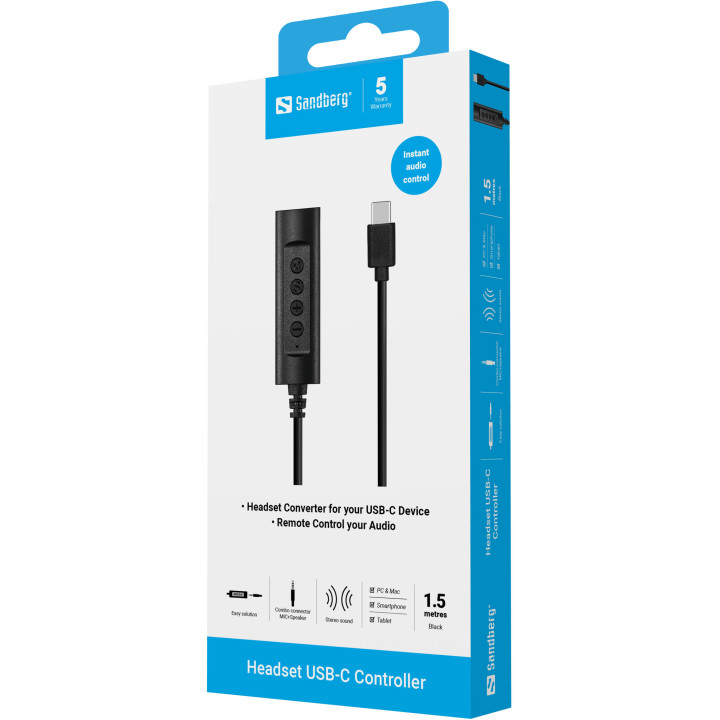 Sandberg Headset USB-C Controller, 1.5m