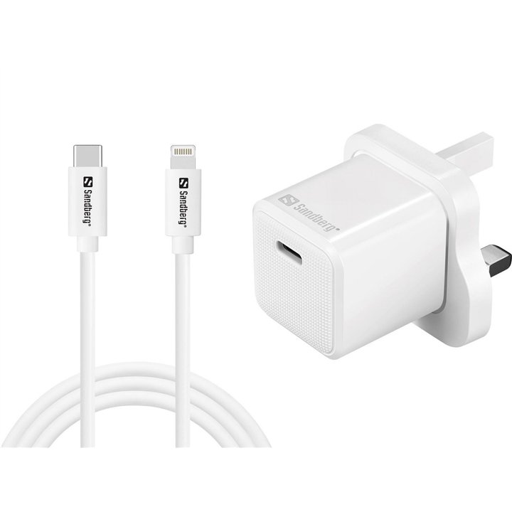 Sandberg USB-C AC 20W laddare UK + Lightning 1M