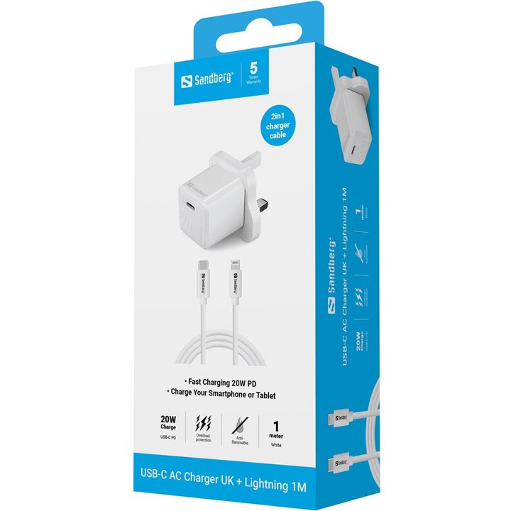 Sandberg USB-C AC 20W laddare UK + Lightning 1M