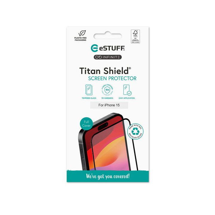 eSTUFF INFINITE Titan Shield Screen Protector for iPhone 15 – Full Cover